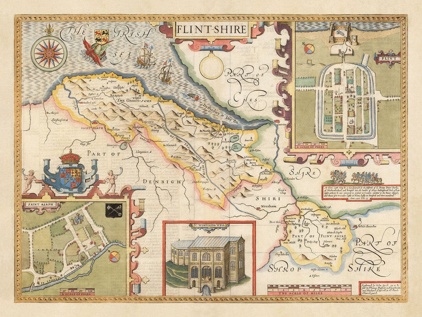 Old Map of Flintshire Wales, 1611 by John Speed - Flint, Mold, Chester, Wrexham