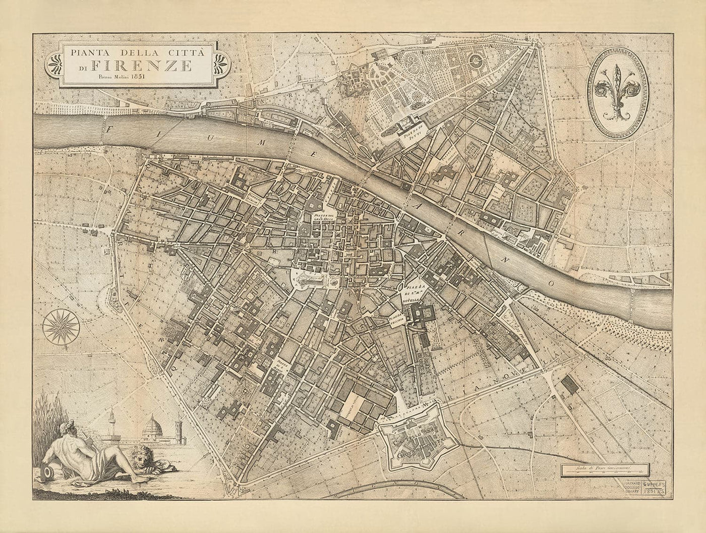 Old Map of Florence, Firenze, 1847 by Molini & Ruggieri - Uffizi, Santa Croce, Santo Spirito, Duomo, Piazzas, Palazzos, Ponte Vecchio