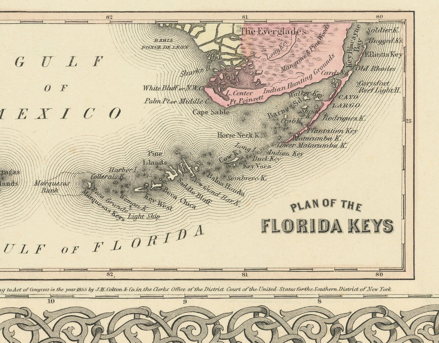 Old Map of Florida in 1855 by Colton - Keys, Panhandle, Jacksonville, Tampa, Dade, Tallahassee, Ft Lauderdale
