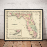 Mapa antiguo de Florida en 1855 por Colton - Llaves, Panhandle, Jacksonville, Tampa, Dade, Tallahassee, Ft Lauderdale
