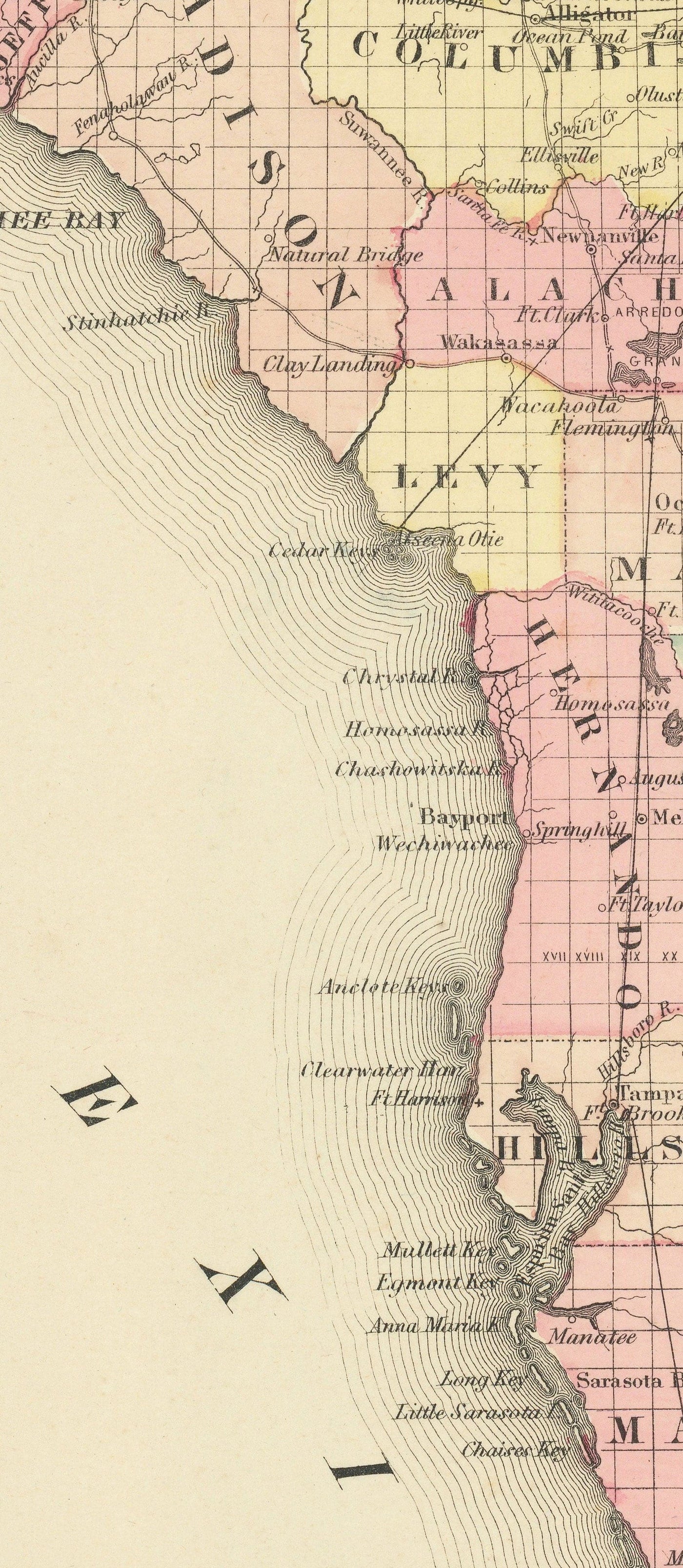 Old Map of Florida in 1855 by Colton - Keys, Panhandle, Jacksonville, Tampa, Dade, Tallahassee, Ft Lauderdale