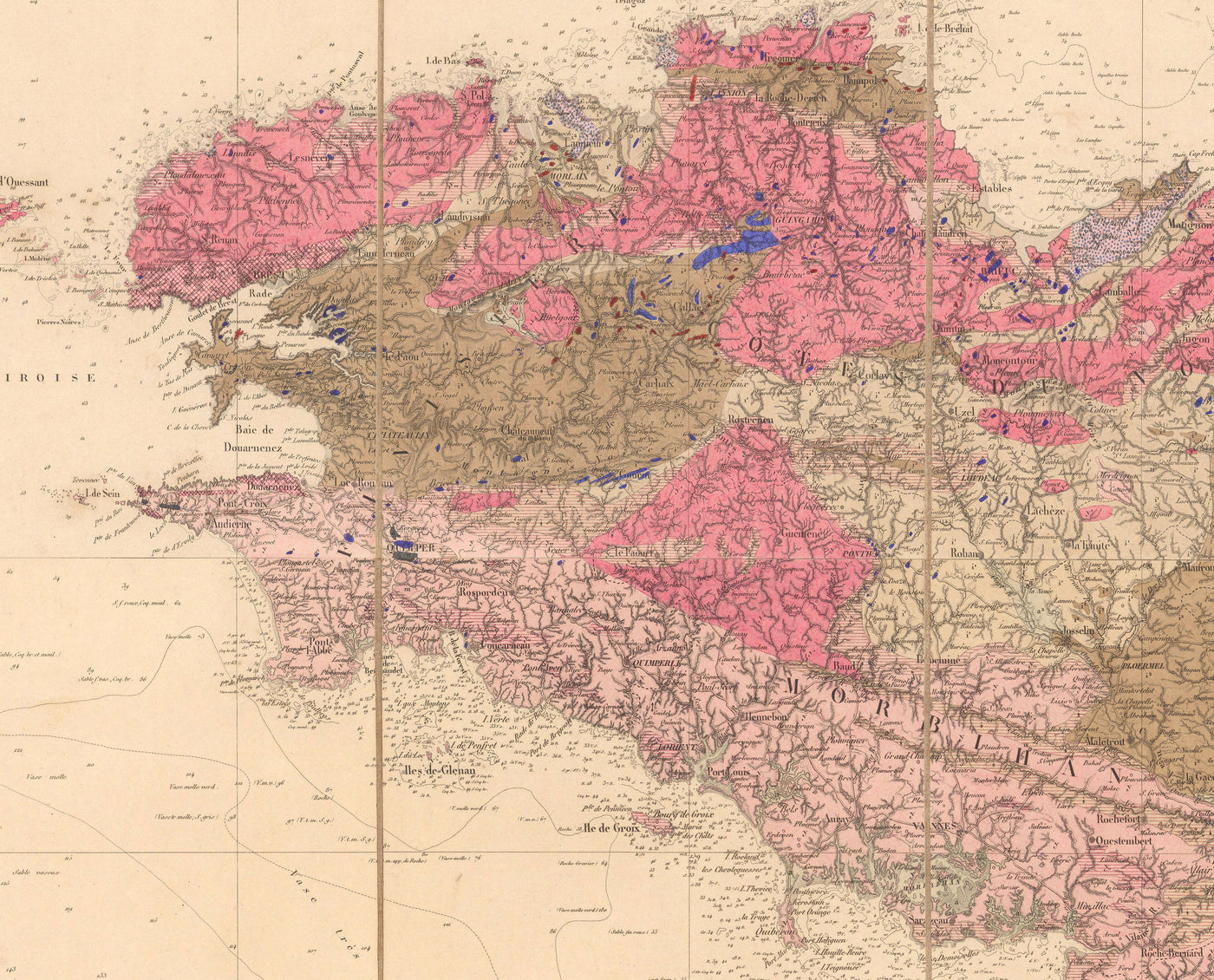 Old Geological Map of France, 1840 by André Brochant de Villiers - Western Europe, Belgium