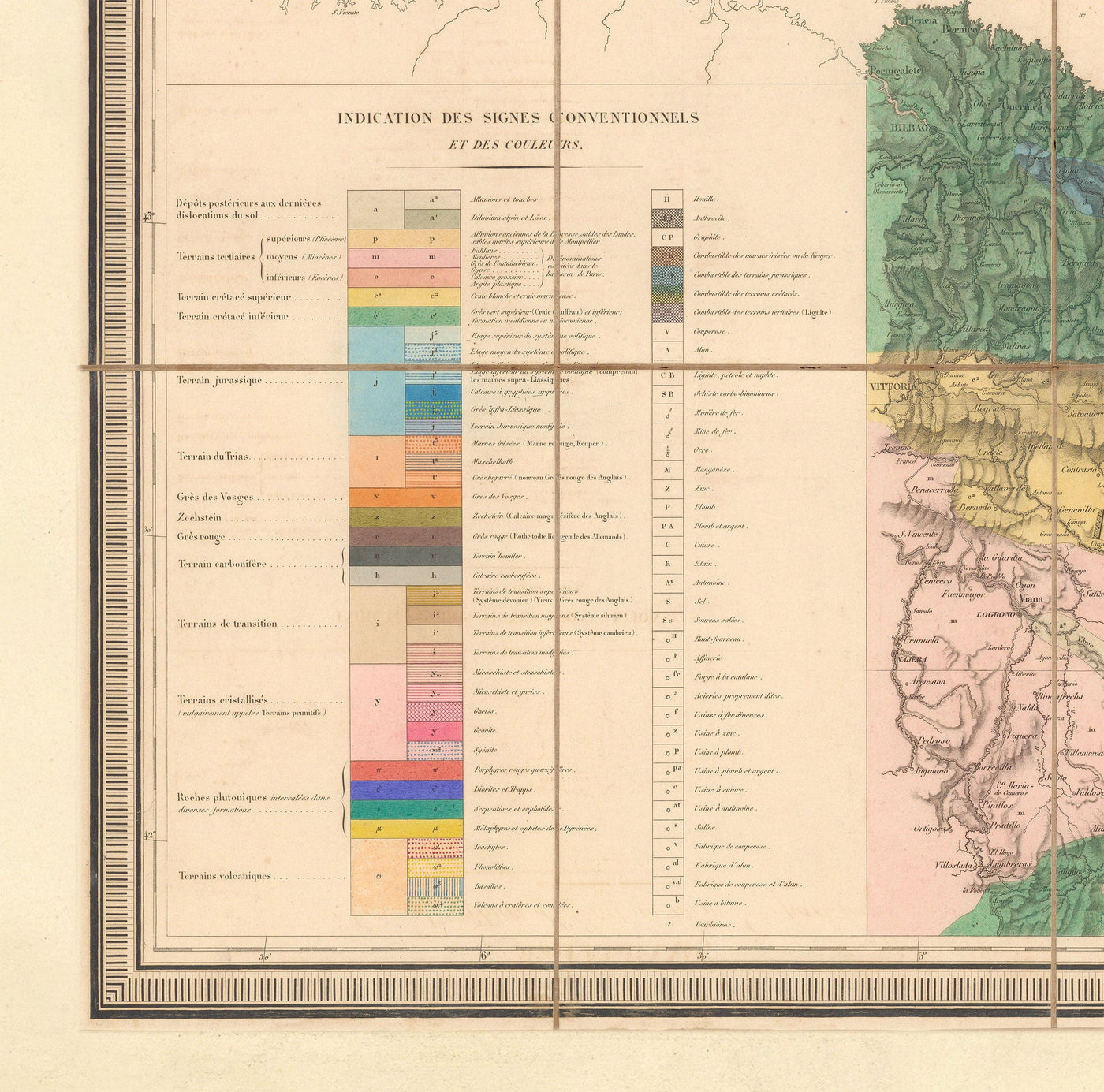 Old Geological Map of France, 1840 by André Brochant de Villiers - Western Europe, Belgium
