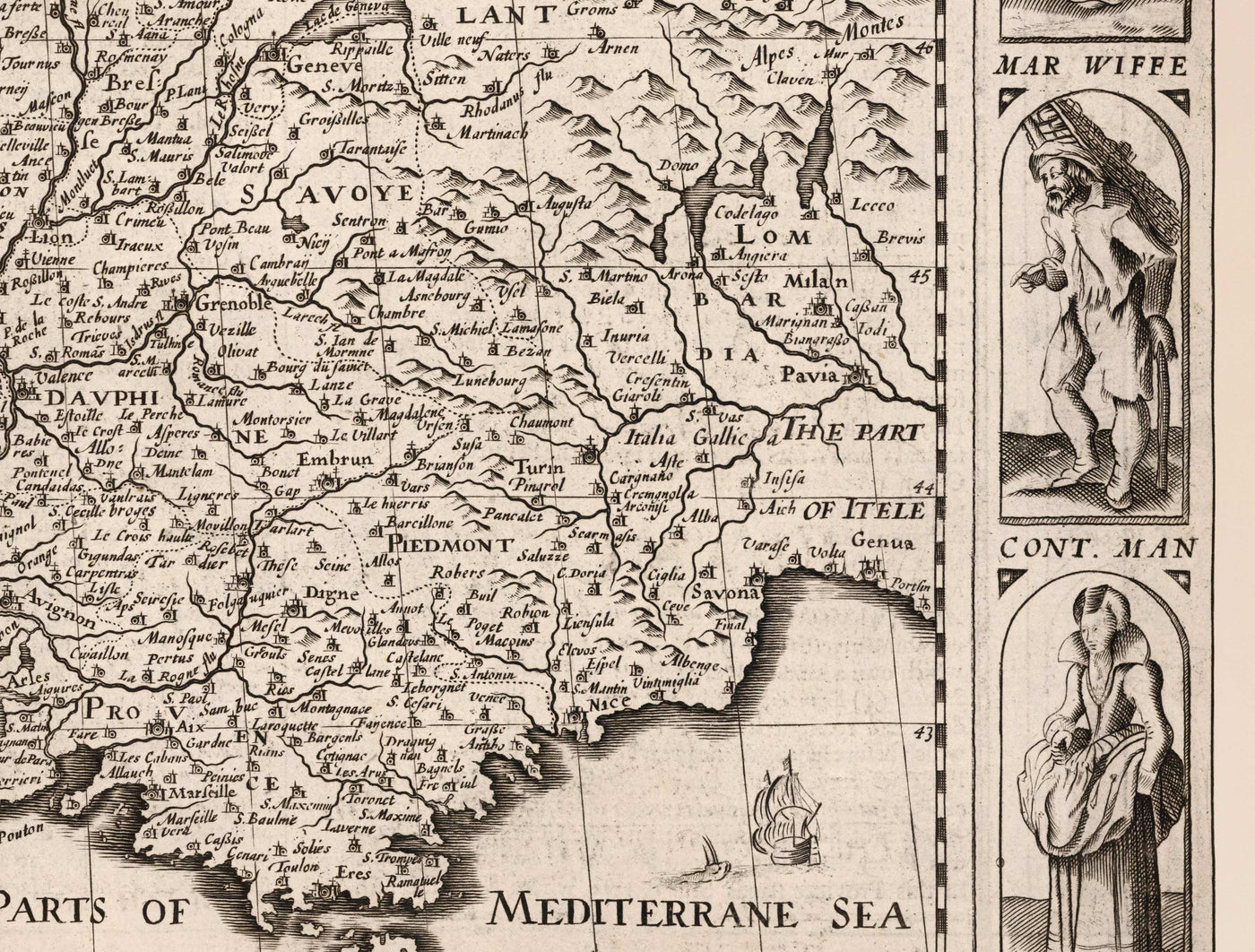 Old Map of France, 1627 by John Speed - Belgium, Normandy, Brittany, Cote d'Azur, Pyrenees