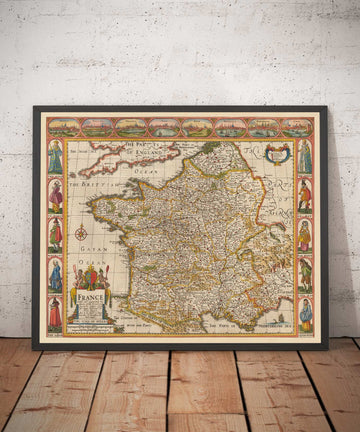 Old Handcoloured Map of France, 1627 by John Speed - Belgium, Normandy, Brittany, Cote d&
