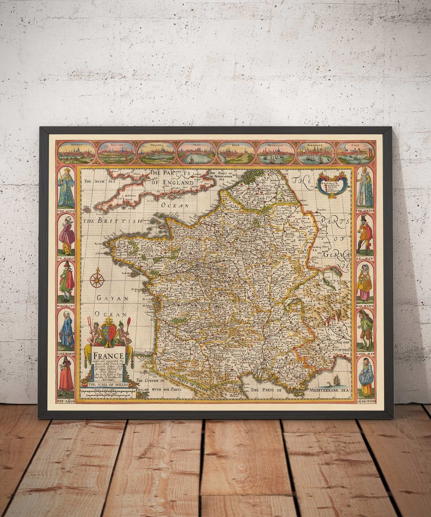 Old Handcoloured Map of France, 1627 by John Speed - Belgium, Normandy, Brittany, Cote d'Azur, Pyrenees