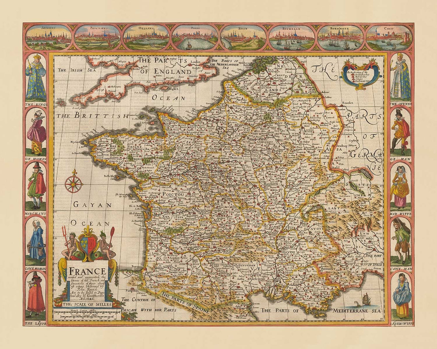 Old Handcoloured Map of France, 1627 by John Speed - Belgium, Normandy, Brittany, Cote d'Azur, Pyrenees