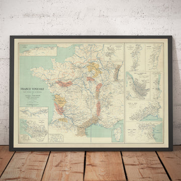 Ancienne carte des régions viticoles françaises, 1924 - Bordeaux, Rhône, Champagne, Bourgogne, Alsace, Cognac