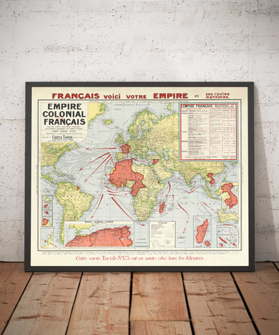 Antiguo Mapa del Imperio Colonial Francés, 1938 por Taride - Francia, Napoleón, África del Norte, Rutas Marítimas