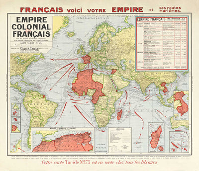 Old Map of the French Colonial Empire, 1938 by Taride - France, Napolean, North Africa, Sea Routes