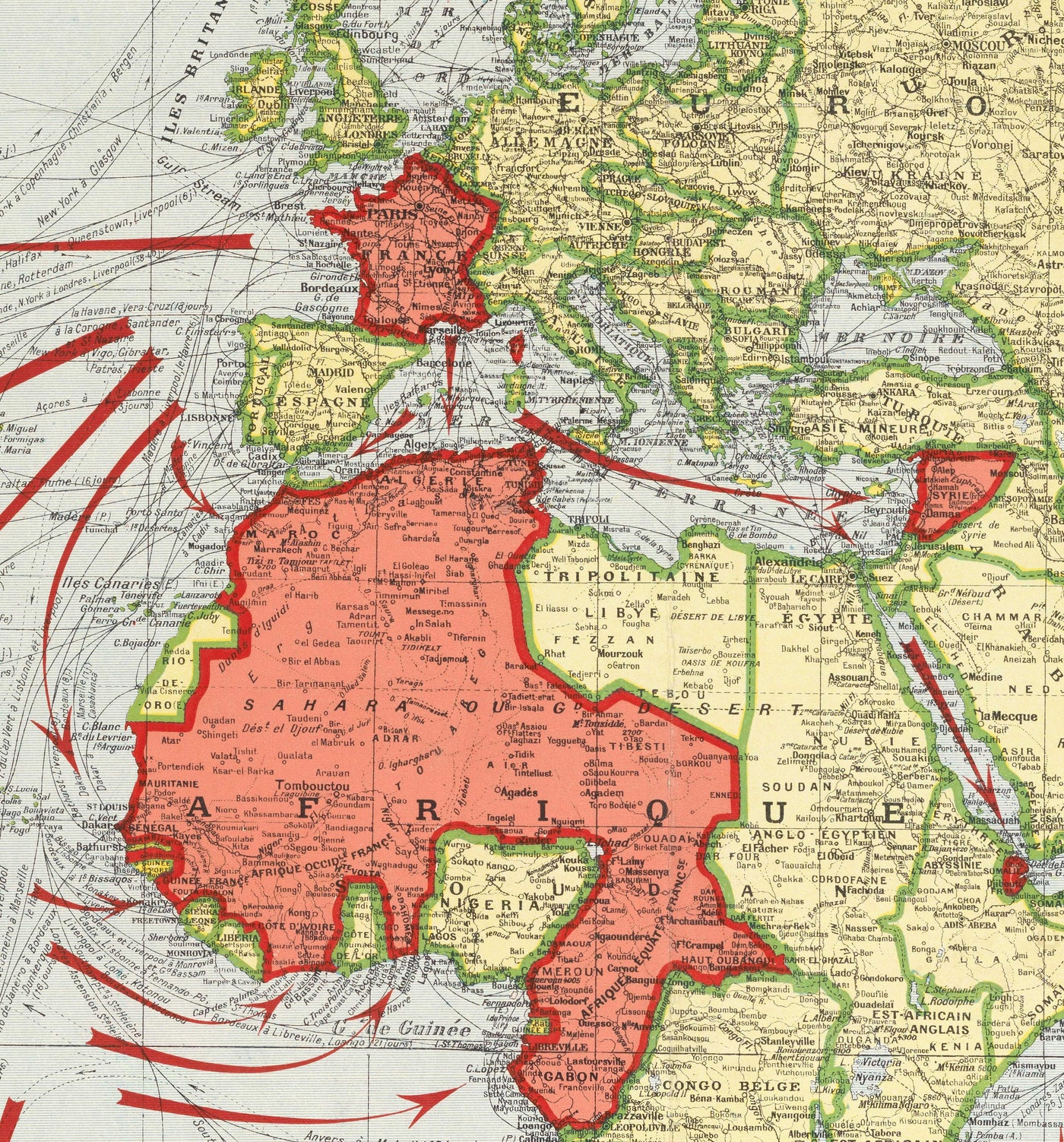 Alte Karte des französischen Kolonialreichs, 1938 von Taride - Frankreich, Napoleon, Nordafrika, Seewege