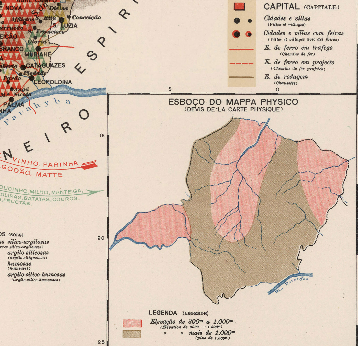 Old Map of Minas Gerais, Brazil in 1908 - Agriculture, Geology, Rocks, Soil - Belo Horizonte, Uberlandia, Uberaba, Juiz de Fora, Curvelo