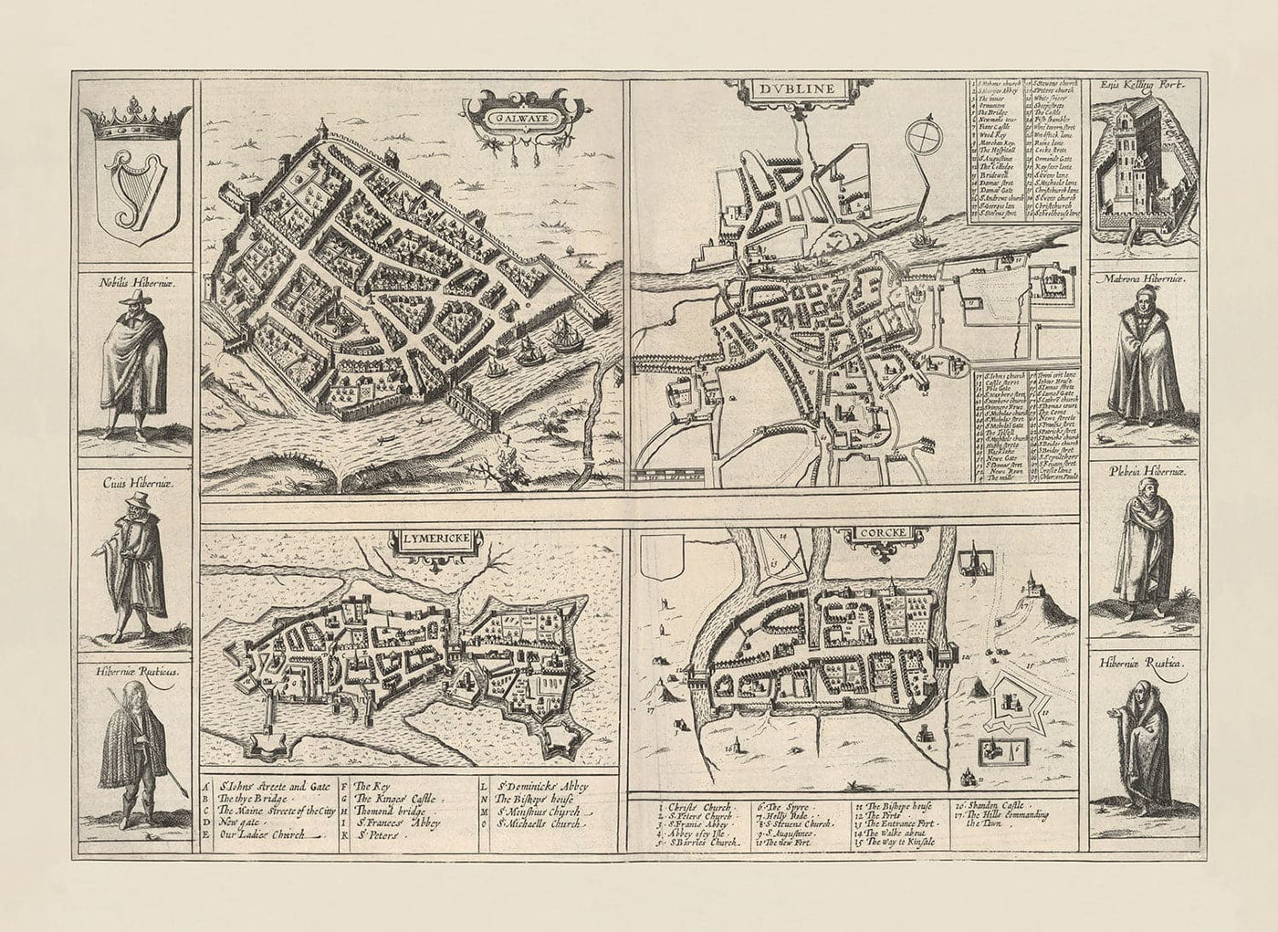 Old map of Dublin, Limerick, Cork and Galway in 1618 by Georg Braun - Ancient Eire City Charts