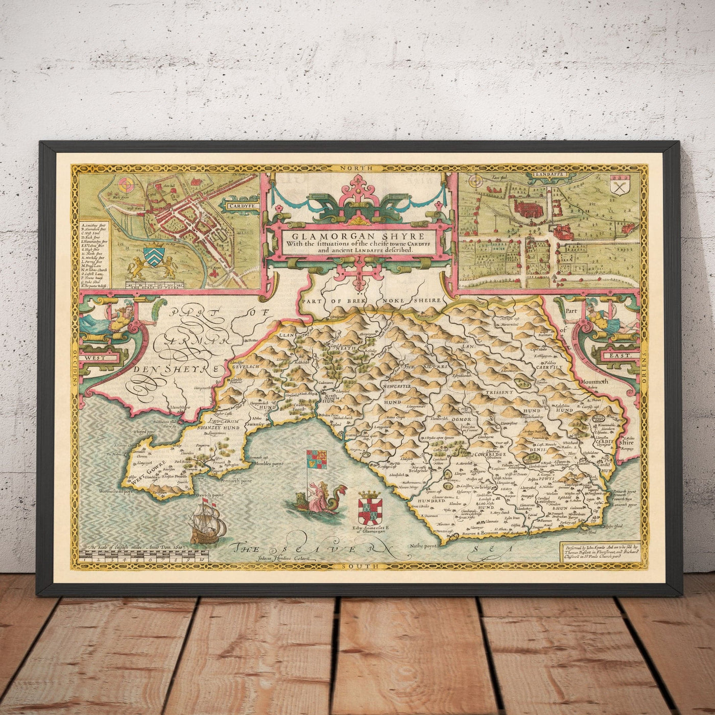 Old Map of Glamorgan Wales, 1611 by John Speed - Cardiff, Swansea, Bridgend, Port Talbot, Barry