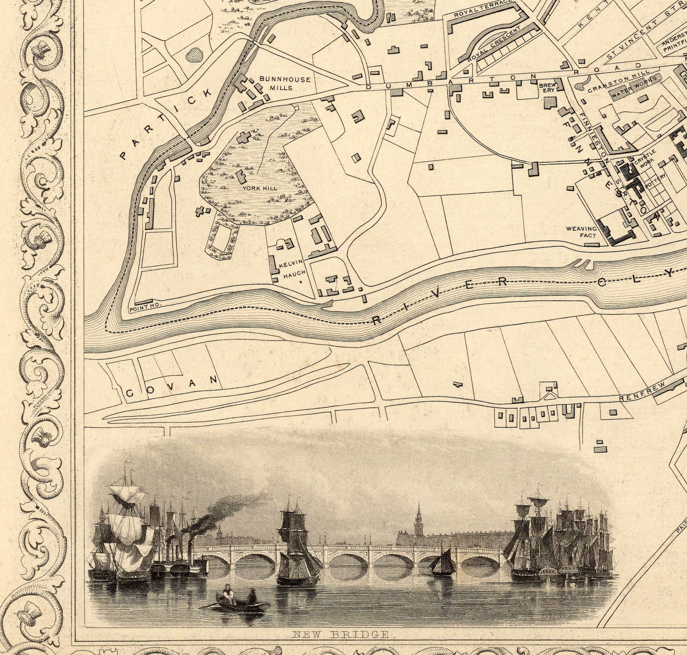Old Map of Glasgow, 1851 by Tallis & Rapkin - River Clyde, Argyle St, Central, University
