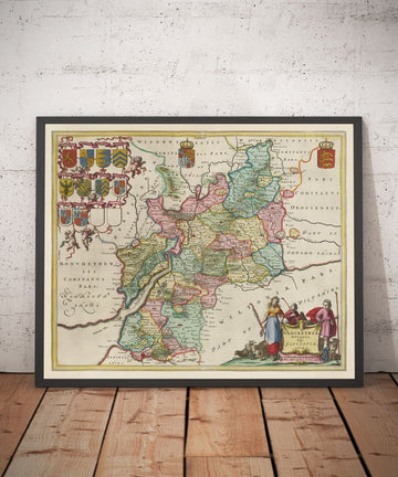 Antiguo mapa de Gloucestershire en 1665 por Joan Blaeu - Bristol, Cheltenham, Gloucester, Kingswood, Filton, Stroud