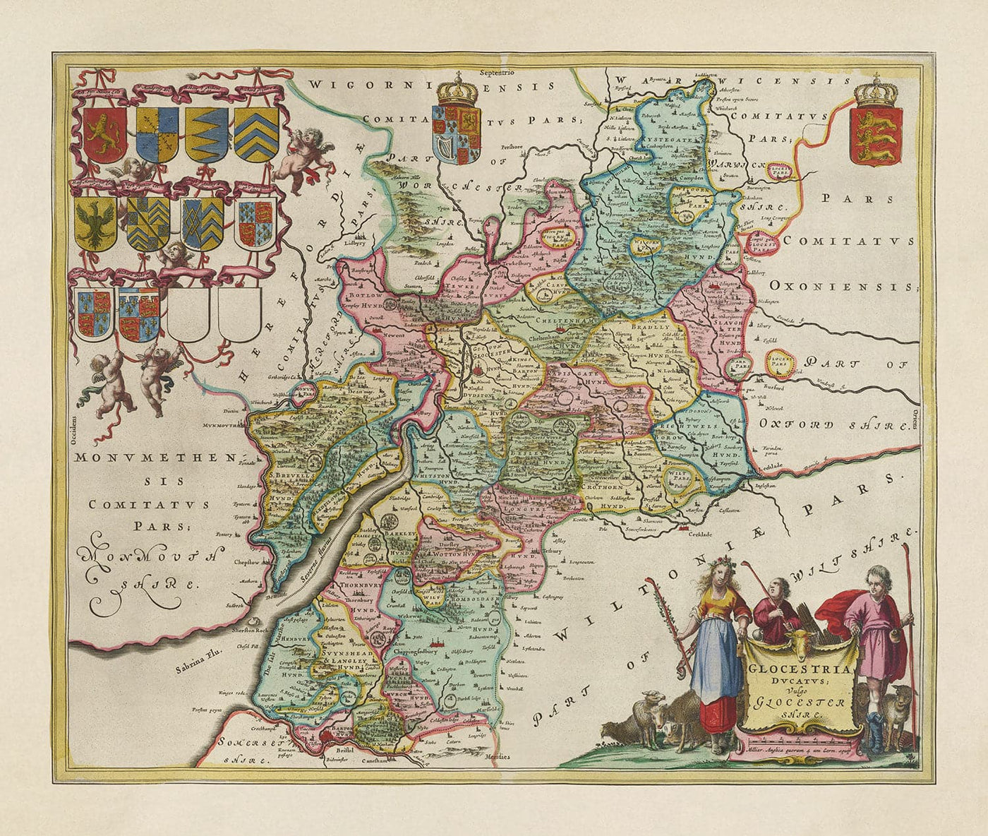 Old Map of Gloucestershire in 1665 by Joan Blaeu - Bristol, Cheltenham, Gloucester, Kingswood, Filton, Stroud