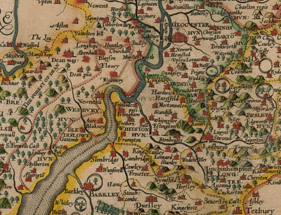 Old Map of Gloucestershire, 1611, John Speed - Bristol, Cheltenham, Gloucester, Kingswood, Filton