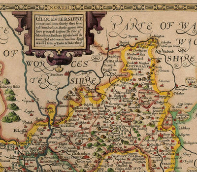 Old Map of Gloucestershire, 1611, John Speed - Bristol, Cheltenham, Gloucester, Kingswood, Filton