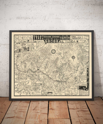 Ancienne carte illustrée du Grand Canyon en 1931 par Jo Mora - Arizona, fleuve Colorado, Horseshoe Bend, Amérindiens