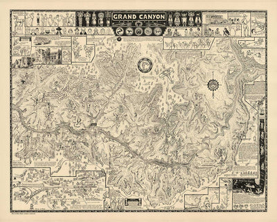 Antiguo mapa ilustrativo del Gran Cañón en 1931 por Jo Mora - Arizona, Río Colorado, Horseshoe Bend, Nativos Americanos