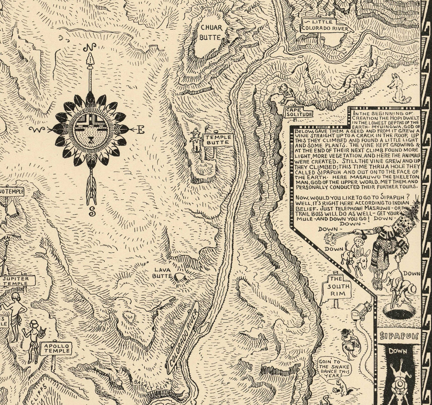 Alte illustrative Karte des Grand Canyon im Jahr 1931 von Jo Mora - Arizona, Colorado River, Horseshoe Bend, Ureinwohner