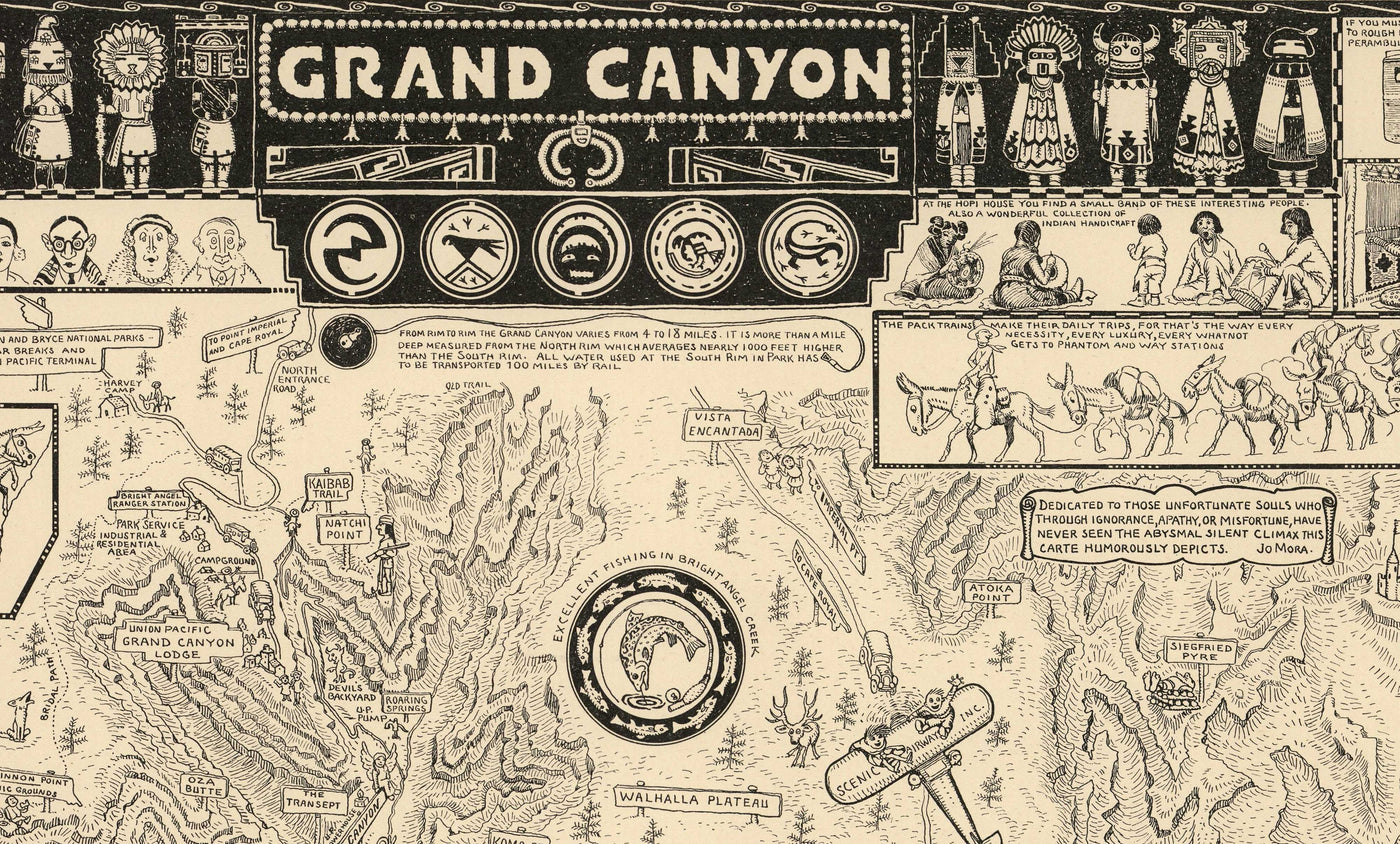 Old Illustrative Map of The Grand Canyon in 1931 by Jo Mora - Arizona, Colorado River, Horseshoe Bend, Native Americans