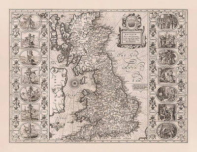 Viejo mapa vikinoso de Inglaterra, Gales y Escocia en 1611- Mapa de heptarquía anglosajón de Gran Bretaña