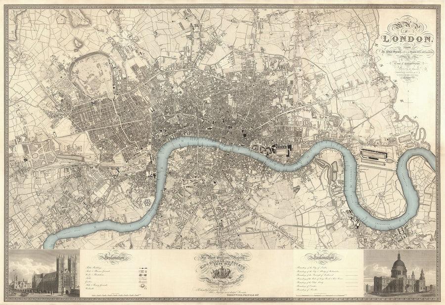 Grande Mappa Antica di Londra di C&J Greenwood, 1830 - Monocromatica con Unico Tamigi Blu 