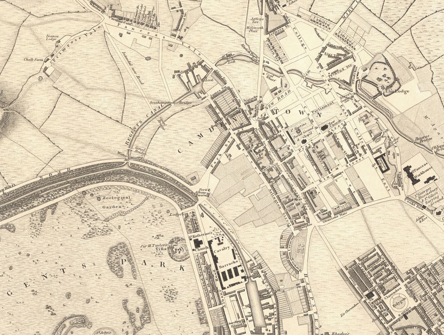 Grande Mappa Antica di Londra di C&J Greenwood, 1830 - Monocromatica con Unico Tamigi Blu 