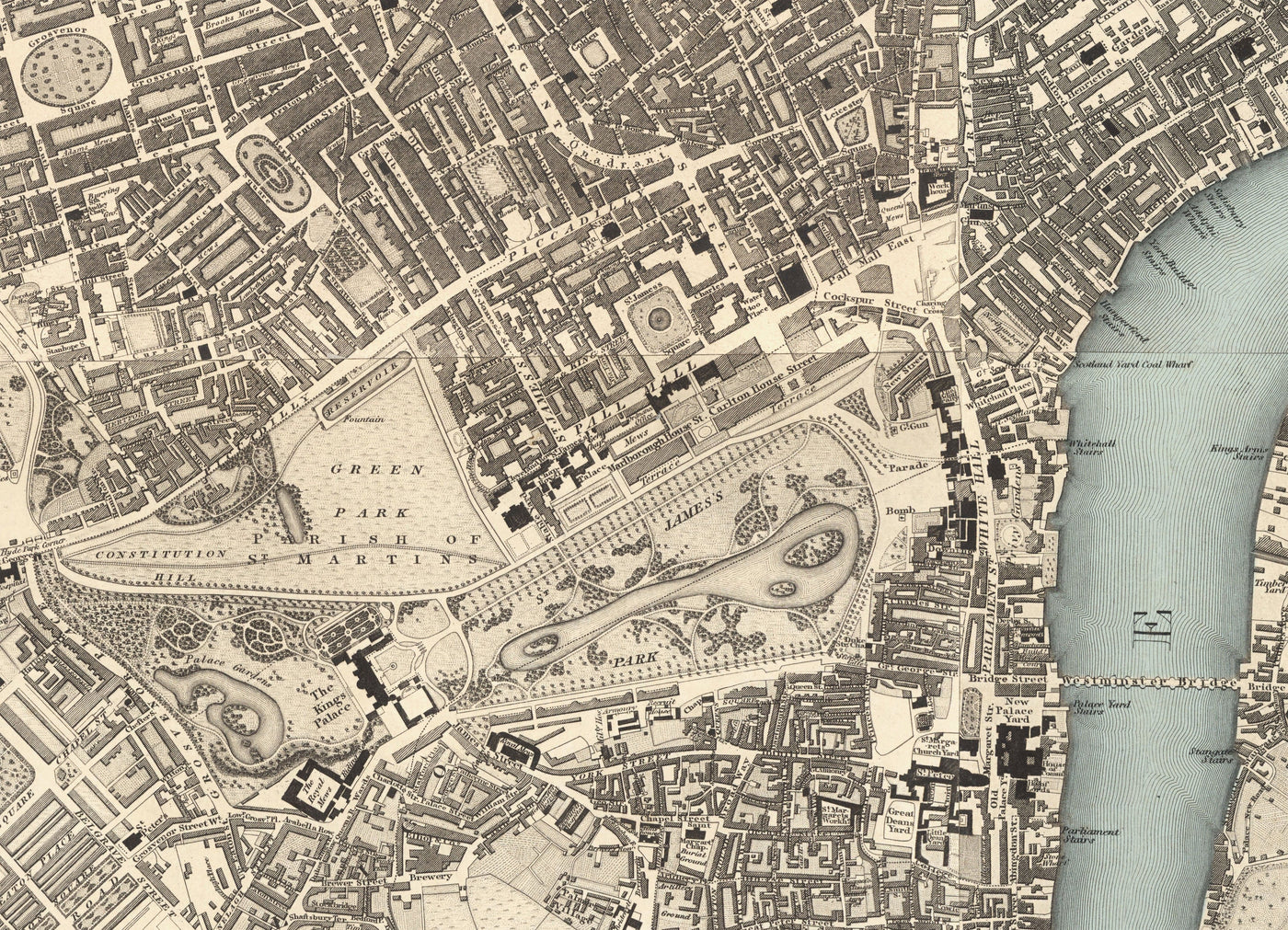 Große alte Karte von London von C&J Greenwood, 1830 - Monochrom mit einzigartiger blauer Themse