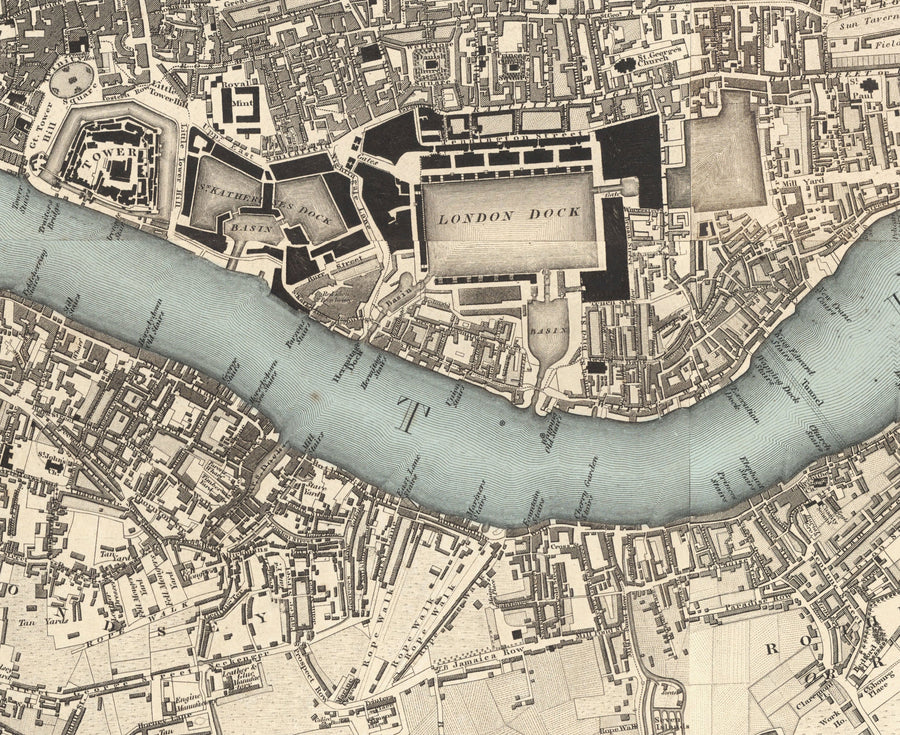 Grande Mappa Antica di Londra di C&J Greenwood, 1830 - Monocromatica con Unico Tamigi Blu 