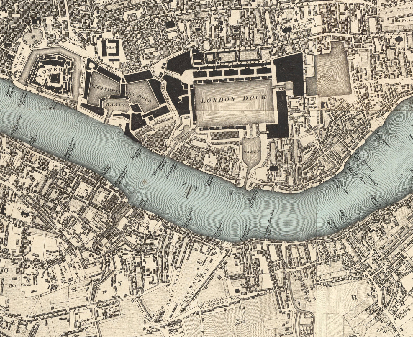 Big Old Map of London by C&J Greenwood, 1830 - Monochrome With Unique Blue Thames