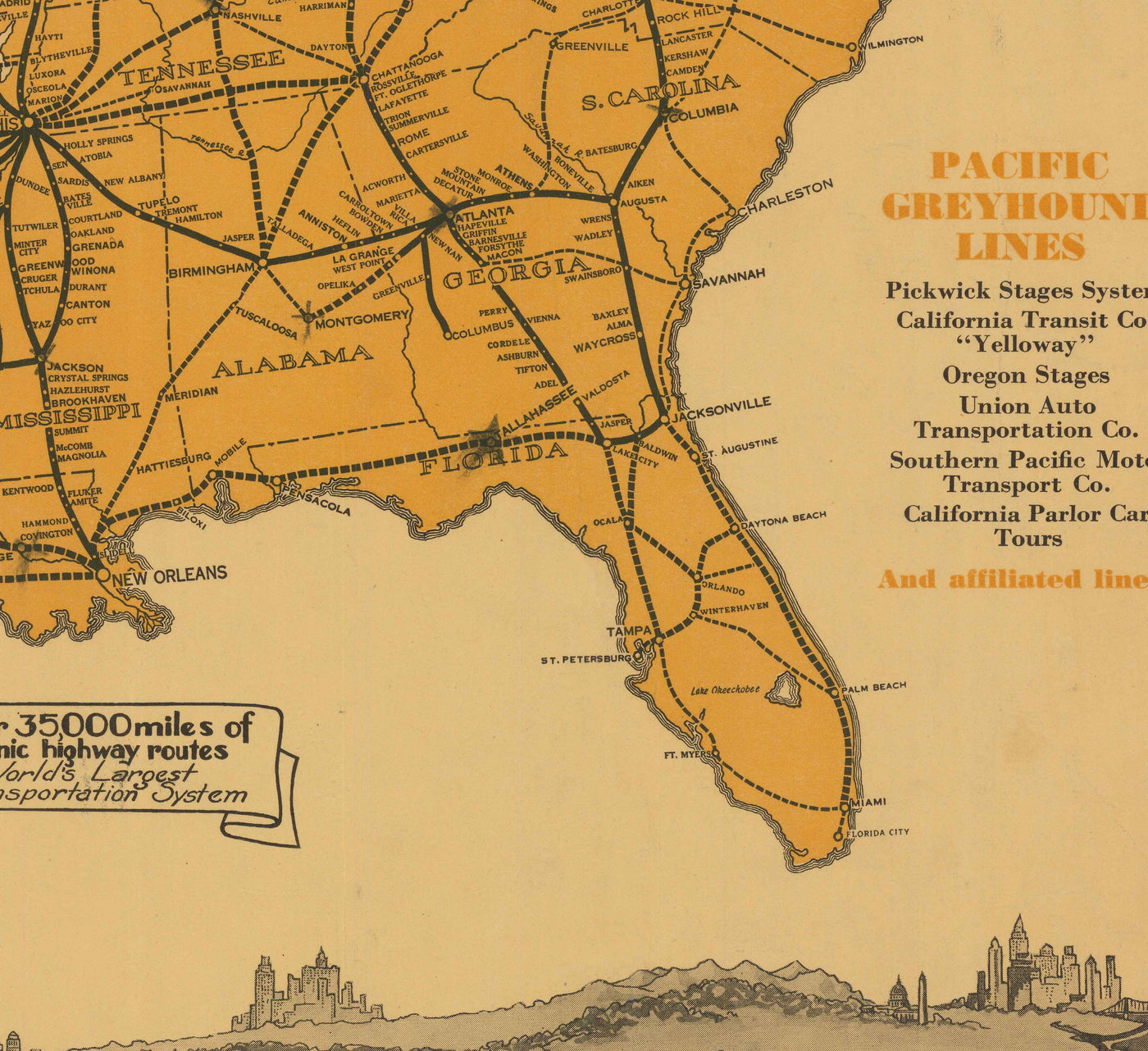 Old Greyhound Lines Map, USA, 1935 - Pacific & Main Intercity Bus Lines - Over 35,000 Miles Of Scenic Highways!