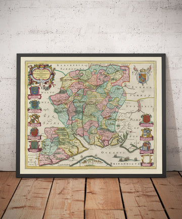 Alte Karte von Hampshire, 1665 von Joan Blaeu - Winchester, Portsmouth, Southampton, Basingstoke, Farnborough, Havant 