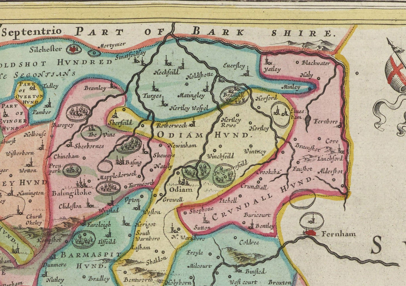 Old Map of Hampshire, 1665 by Joan Blaeu - Winchester, Portsmouth, Southampton, Basingstoke, Farnborough, Havant