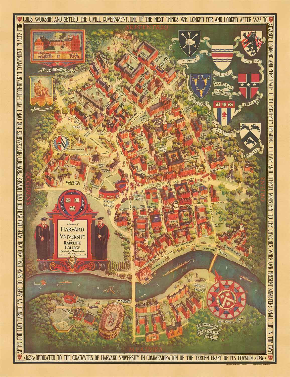 Old Map of Harvard University & Radcliffe, 1935 by Schruers - Campus, House Coat of Arms, Charles River