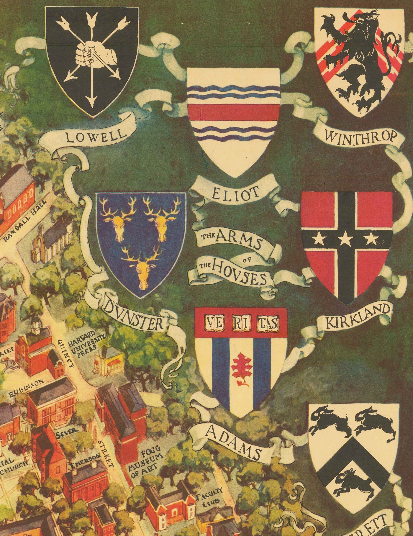 Old Map of Harvard University & Radcliffe, 1935 by Schruers - Campus, House Coat of Arms, Charles River