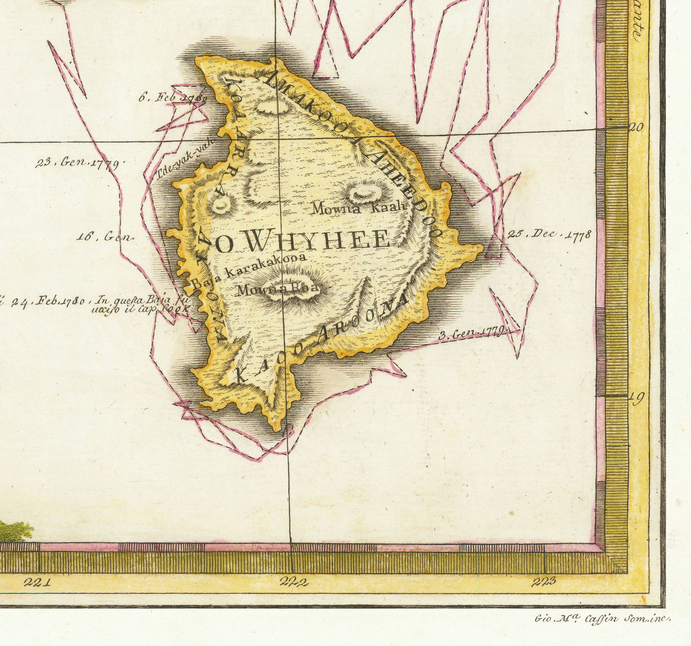 Old Map of Hawaii in 1785 by Giovanni Cassini - Sandwich Islands, Maui, O‘ahu, Honolulu, Pacific Ocean
