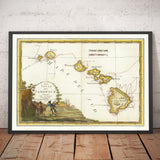 Antiguo mapa de Hawai en 1785 por Giovanni Cassini - Islas Sandwich, Maui, O'ahu, Honolulu, Océano Pacífico