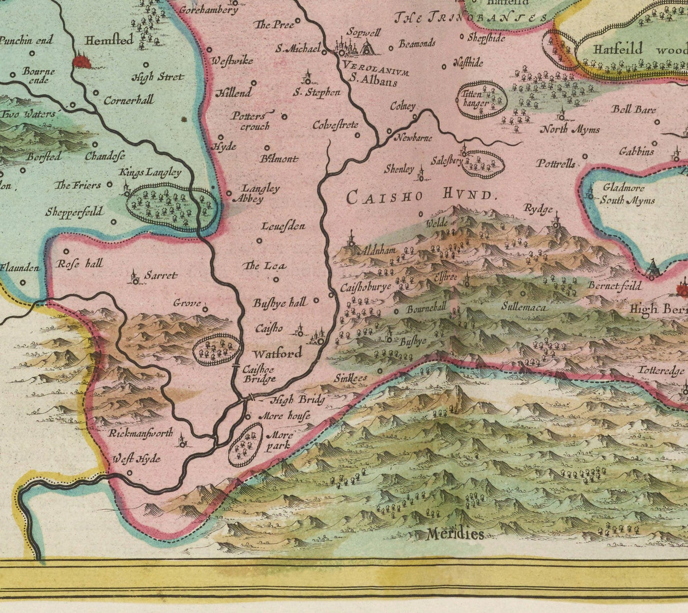 Old Map of Hertfordshire, 1665 by Blaeu - Stevenage, St Albans, Watford, Enfield, Barnet, Hatfield, Hemel Hempstead
