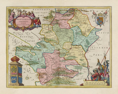 Old Map of Hertfordshire, 1665 by Blaeu - Stevenage, St Albans, Watford, Enfield, Barnet, Hatfield, Hemel Hempstead