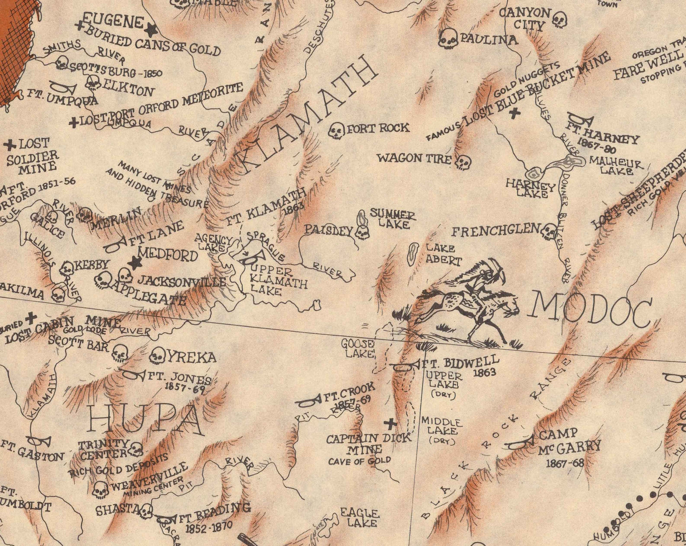 Old Map of the American Wild West by Andy Dagosta in 1968 - Cowboys, Indians, Outlaws, Frontier, Oregon Trail