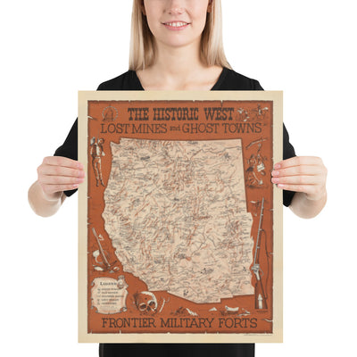 Old Map of the American Wild West by Andy Dagosta in 1968 - Cowboys, Indians, Outlaws, Frontier, Oregon Trail