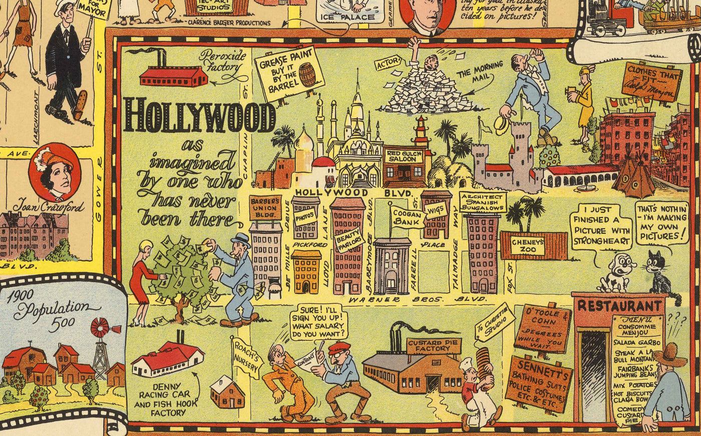 Old Map of Golden Era Hollywood, 1928 by Harrison Godwin - Charlie Chaplin, Greta Garbo, Movie Stars & Studios