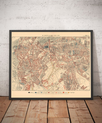 Carte de la pauvreté de Londres 1898-9, en dehors du district sud, par Charles Booth - Oval, Brixton, Herne Hill, Lambeth - SW8, SW9, SW2, SE5, SE24, SE22, SE15