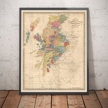 Mapa de clanes de Escocia de WH Lizars, 1822: raro mapa en color de las Tierras Altas de Escocia 