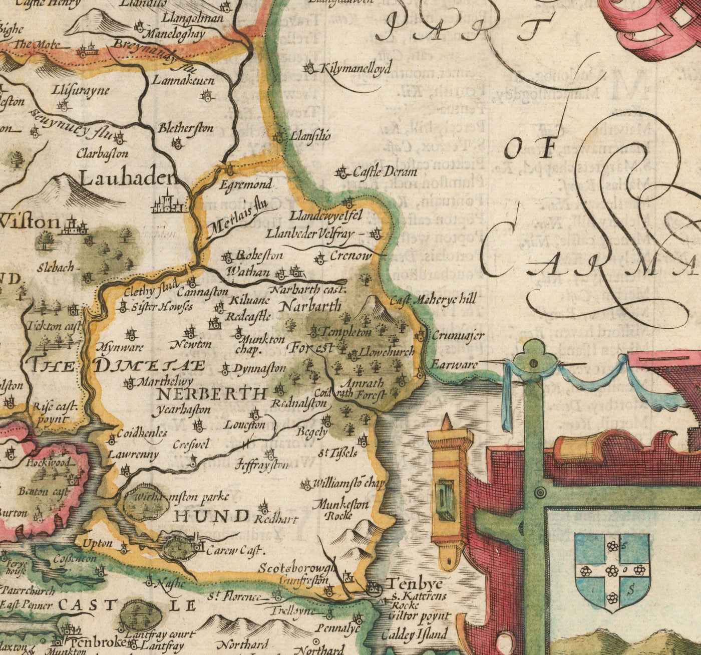 Old Map of Pembrokeshire Wales 1611 John Speed - Haverfordwest, St Davids, Fishguard
