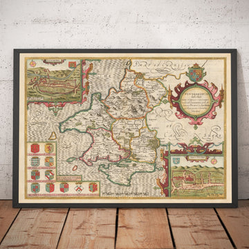 Mappa antica del Pembrokeshire in Galles 1611 John Speed - Haverfordwest, St Davids, Fishguard 