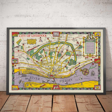 Ancienne carte de Liverpool, 1934 par GH Parry - Tableau de la ville pictoriale - Mersey, quais, parcs, bâtiments anciens
